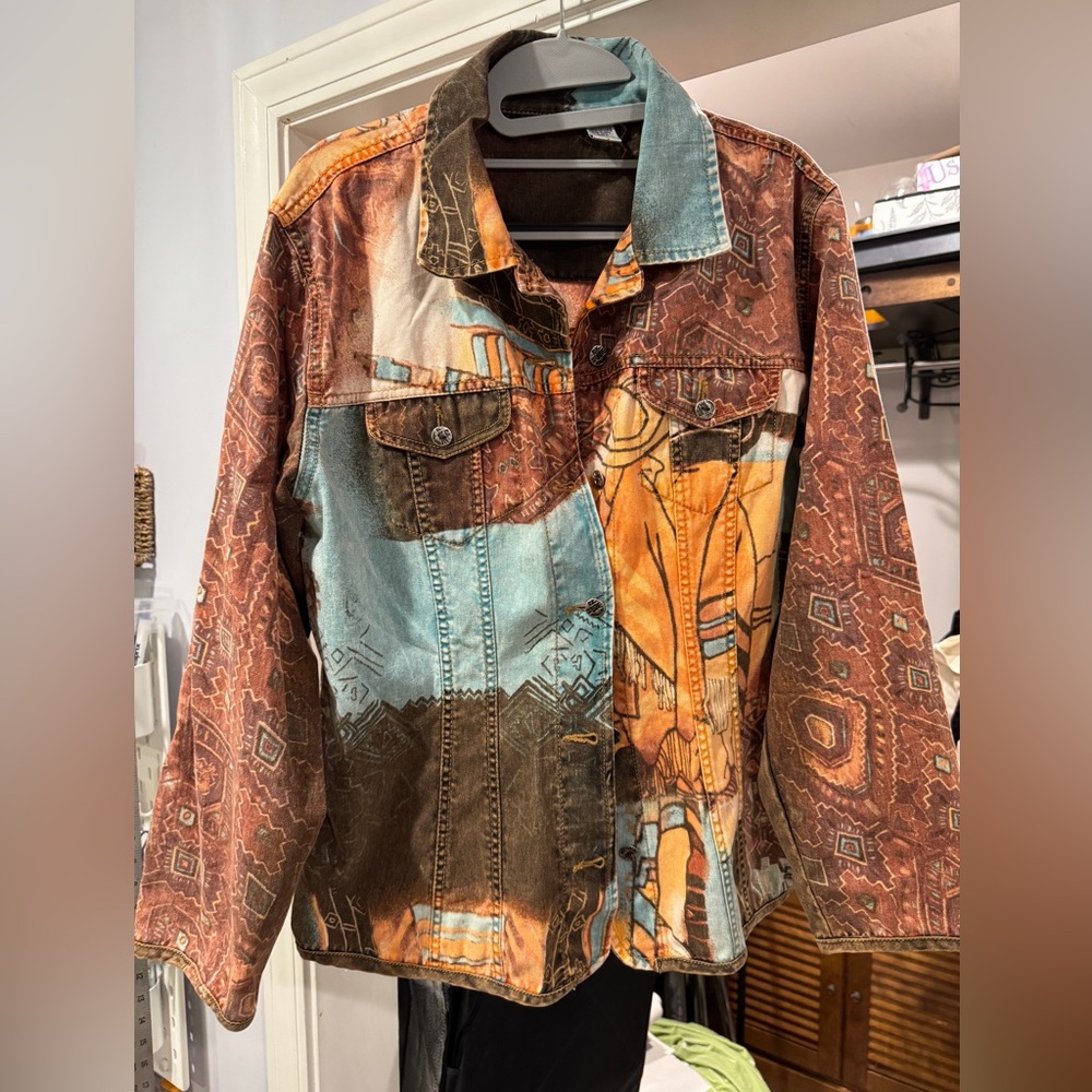 Vintage printed tribal light denim button down jacket/blouse.  Chicos sz 2